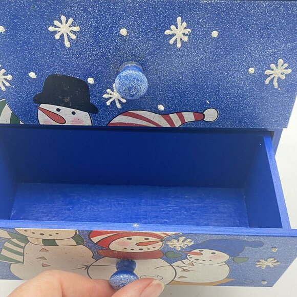 Christmas Winter Snowman Jewelry Box Trinket‎ Storage 2 Drawer Wood Chest Blue - Picture 3 of 11